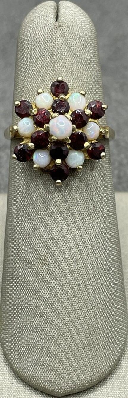 9K Yellow Gold Red Stone & Opal Flower Cluster Ring (26686)